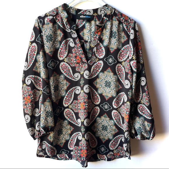 Alice Blue Black Multicolor Paisley Floral Print Split Neck Long Sleeve Top - Picture 8 of 14